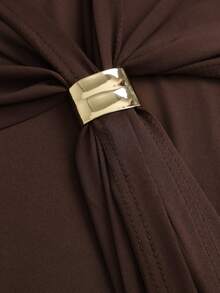 Sweetra Women's Slim Fit Long Sleeve Collared Metal Button Long Dress, Elegant Sexy Style Dinner Party Dark Brown Fall - Dark Brown - View 5