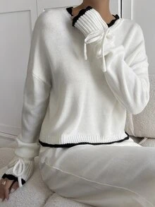 DAZY Women's Versatile Fashion Contrast Color Tie Cuff Sweater Autumn Night Out White And Black Sexy Minimalist Modest - White - View 7