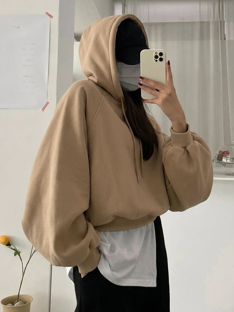 DAZY 女款純色連帽超寬鬆短版運動衫 - 棕色 - 查看 1