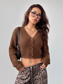 SHEIN PETITE 白色燈籠袖前開扣羅紋針織開襟衫，秋冬露肩毛衣 - 咖啡棕 - 查看 7