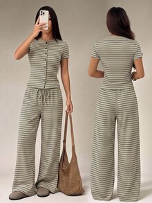 SHEIN PETITE 女款休閒深綠色前開襟短袖上衣與寬腿褲兩件套，春夏套裝，舒適居家旅行穿搭 - 軍綠色 - 查看 1