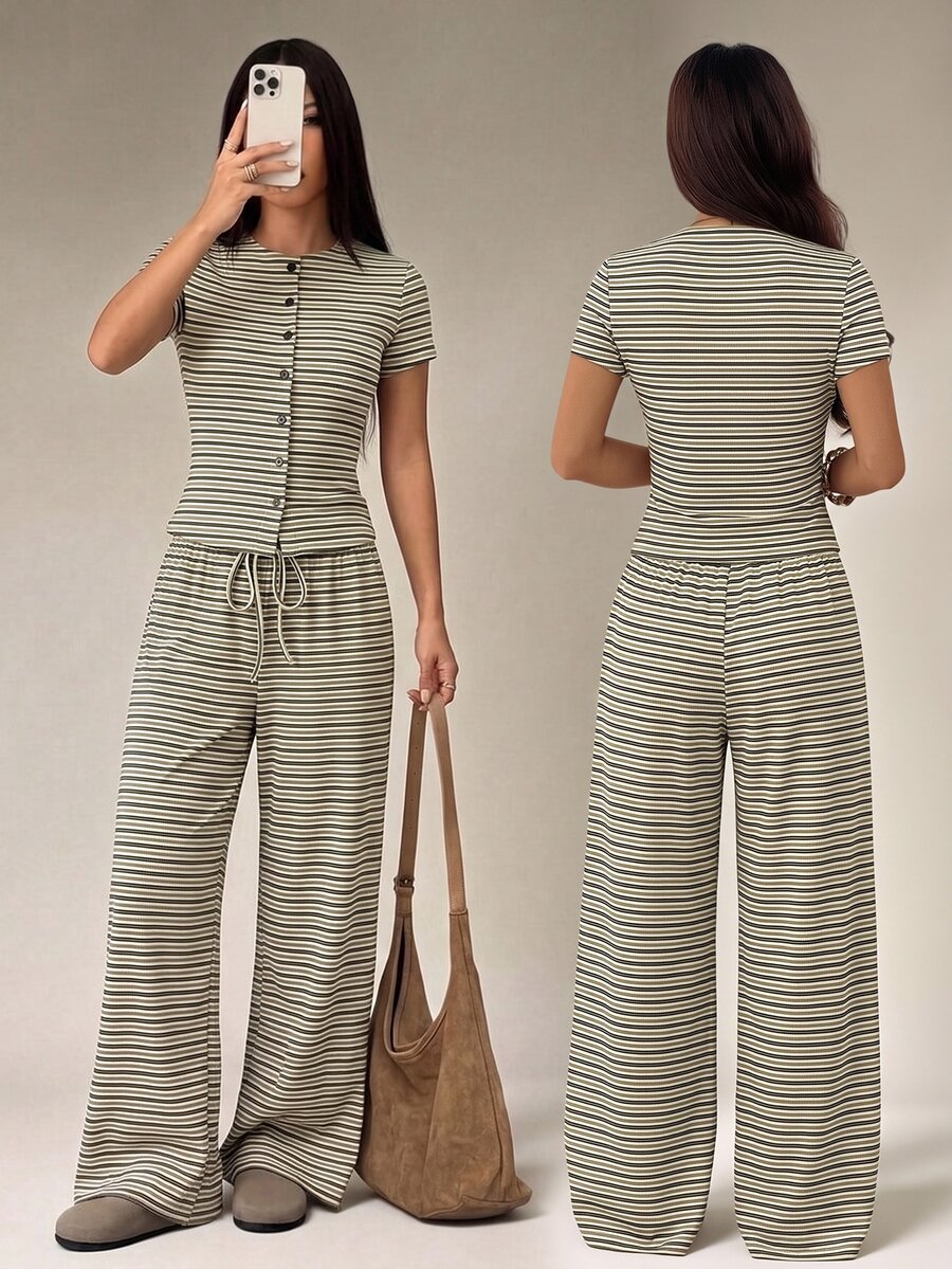 SHEIN PETITE 女款休閒深綠色前開襟短袖上衣與寬腿褲兩件套,春夏套裝,舒適居家旅行穿搭 - 軍綠色 - 查看 1