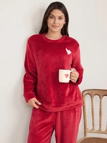 Doze Lane Casual Solid Color Plush Heart & Letter Embroidered Long Sleeve Pants Plus Size Pajama Set - Red - View 3