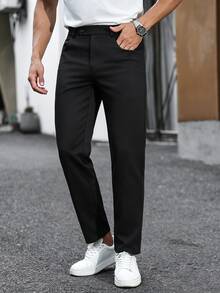 Manfinity Mode 男士純色通勤休閒商務優雅長褲，斜口袋西裝長褲，百搭禮物，適用婚禮、商務、辦公、婚前拍照，黑色，秋季 - 黑色 - 查看 4
