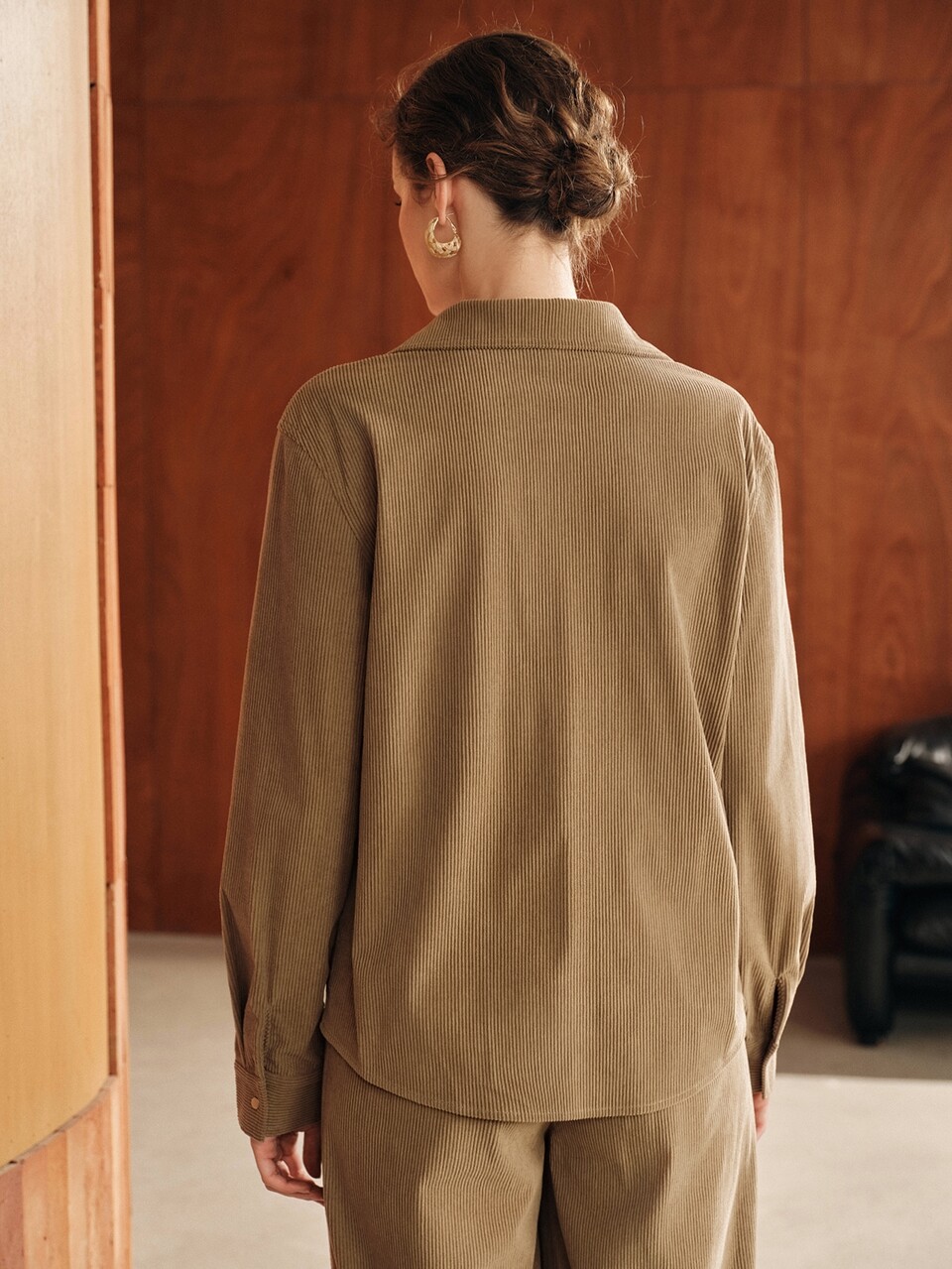Women's Brown Corduroy Pocket Shirt, Elegant Casual Business Commute Loose Fit Top