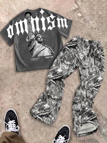 Teen Boy Letter Statue Of Liberty Graphic T-Shirt, Street Style Crew Neck Short Sleeve Flared Pants 2-Piece Set, For Party Halloween Christmas School - Multicolor - View 2