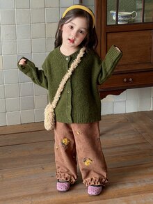DAZY Baby Girl Ruffle Hem Floral Embroidered Casual Long Pants - Coffee Brown - View 6
