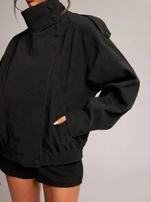 SHEIN BAE جاكيت نسائي بلون موحد بياقة واقفة كاجوال متعدد الاستخدامات للسفر اليومي بأكمام طويلة - الأسود - مشاهدة 5