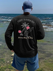 DAZY 春秋海灘衝浪圖案印花黑色針織面料韓系男士T恤 - 黑色 - 查看 3