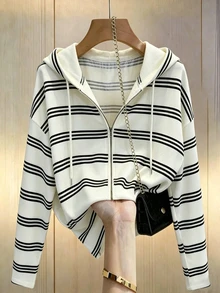 INAWLY Sweatshirt Wanita Lengan Panjang Bergaris dengan Bahu Longgar dan Resleting serta Tali Serut - Hitam dan Putih - View 1