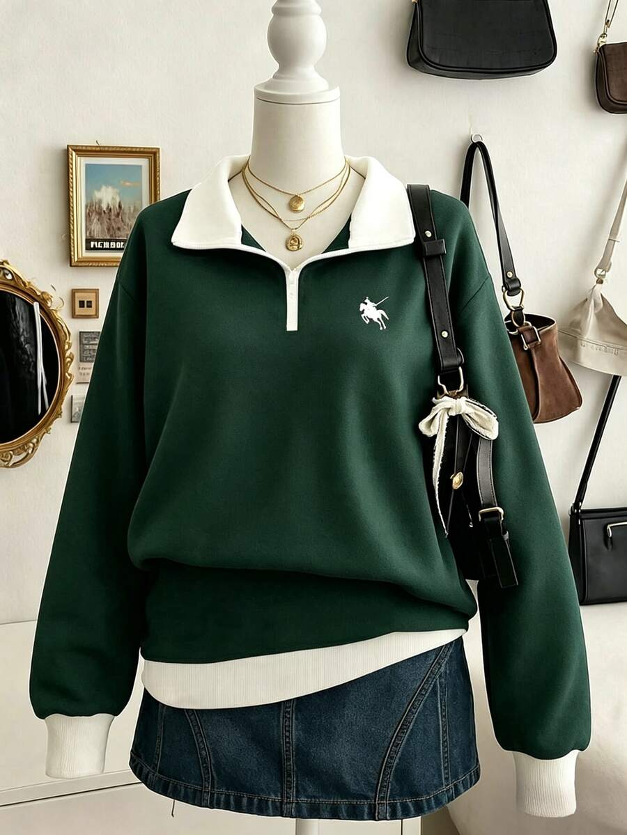 Lalippa 女款復古拼色 Polo 領半拉鍊運動衫,寬鬆版型,小馬翻領套頭上衣,秋季 - 彩色 - 查看 1