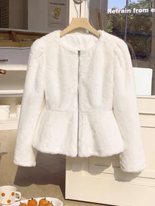 SHEIN Tween Girl Winter Elegant Solid White Fleece Thick Waist Ruffle Hem Front Open Coat - White - View 9
