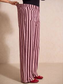 Elaquor Plus-Size Women's Striped High-Waisted Wide-Leg Jeans With Pockets – Perfect For Casual Outings.Autumn - Pink - View 2