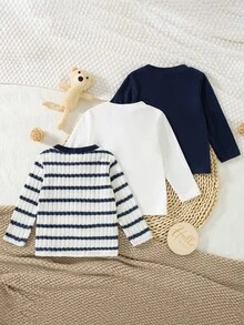 SHEIN 小熊刺繡長袖T恤，嬰兒幼兒春秋羅紋/純色/條紋內搭上衣，男孩女孩休閒百搭上衣3件組 - 彩色 - 查看 2