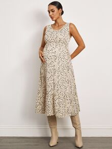 MaterniWear Maternity Solid Color Top & Ditsy Floral Print Dress Nursing 2-Piece Set Fall - Khaki - View 6