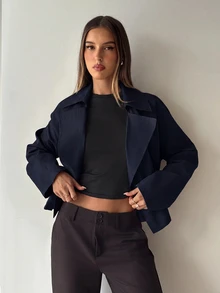 Aloruh 女款秋季休閒優雅雙排扣風衣 辦公商務海軍藍 - 藏蓝色 - 查看 7