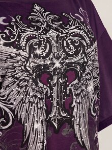 SHEIN ICON 女款大尺碼十字架與翅膀哥德風圖案T恤 - 紫色 - 查看 6