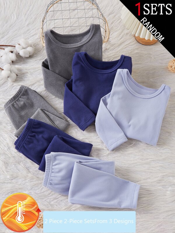 SHEIN (Randomly Ships 1 Of 3)Young Boy Solid Color Round Neck Long Sleeve Top & Pants Thermal Set, Soft Fleece-Lined And Thickened Autumn/Winter