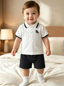Souflis Souflis 男嬰夏季黑色學院風提花POLO衫與短褲2件套，小馬印花翻領短袖套裝，適合日常穿著、上學、派對、度假 - 黑色 - 查看 3