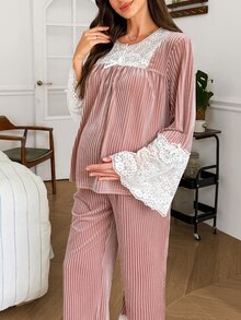 Moonlight&Mama 對比色蕾絲拼接秋冬天鵝絨長袖孕婦睡衣套裝 - 粉色 - 查看 5