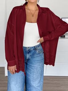SHEIN Essnce 大尺碼女款純色休閒百搭日常長袖襯衫 - 酒紅色 - 查看 6