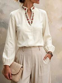 EMERY ROSE Boho Floral Embroidered Cotton Linen ShirtLadies Stand Collar Long Sleeve Loose FitDaily Blouse - Apricot - View 4