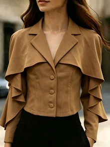 SHEIN جاكيت نسائي فاخر بلون الكراميل الفرنسي مع تصميم شال مكشكش وياقة على شكل حرف V وخصر ضيق وأزرار مفردة بأسلوب فرنسي ناعم - كاكي - مشاهدة 5