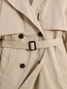 SHEIN 青少年女孩秋冬休閒優雅復古軍風卡其色雙排扣口袋繫腰長款風衣，內加絨，適合返校、秋冬出遊、日常穿著 - 卡其色 - 查看 6
