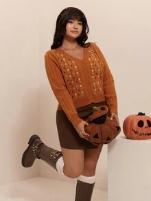 CovetEZ 大尺碼秋冬刺繡單排扣長袖針織開襟衫 - 橘色 - 查看 7