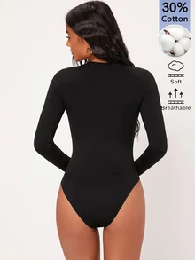 SHEIN BASICS Bodysuit Lengan Panjang Wanita Warna Polos, Pas Badan, Serbaguna, Warna Hitam, Cocok untuk Sehari-hari, Musim Gugur, Minimalis, Sederhana dan Serbaguna - Hitam - View 7