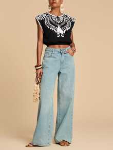 Travachic Women's Floral Print Cropped Top Vacation Black And White Summer Boho,Casual Sportswear - Black and White - View 6