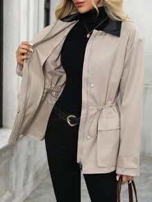 EMERY ROSE Jaket Trench Coat Kasual Serbaguna Motif Blok Warna untuk Wanita, Pakaian Musim Dingin untuk Wanita, Jaket Musim Dingin untuk Wanita - Khaki - View 1