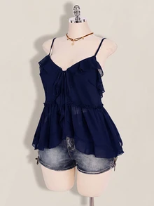 SHEIN ICON 女款大尺碼荷葉邊雪紡細肩帶背心 - 藏蓝色 - 查看 8