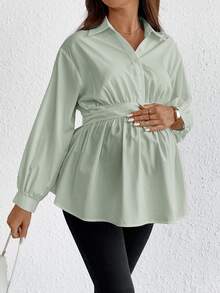 SHEIN Maternity Solid Color Long Sleeve Button Half-Placket Casual Shirt Fall - Green - View 3