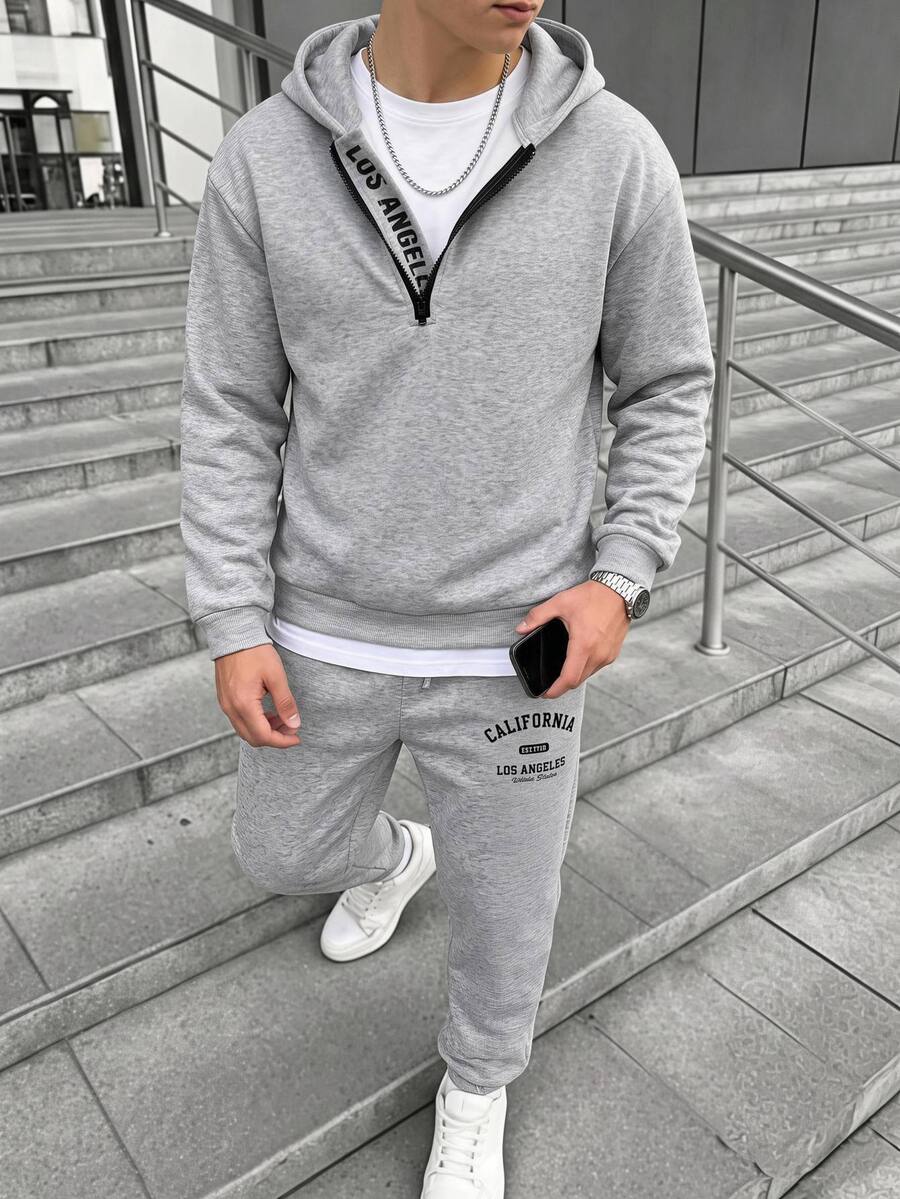 SHEIN 兒童青少年男孩休閒運動洛杉磯圖案半拉鍊連帽衛衣與運動長褲套裝,適合秋冬、學校、家庭聚會、度假、派對,秋季穿搭、冬季穿搭,男孩套裝兒童套裝 - 灰色 - 查看 1