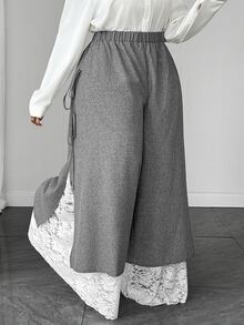 Maweii Plus Size 2 In 1 Lace Patchwork Side Bowknot Long Pants - Dark Grey - View 6