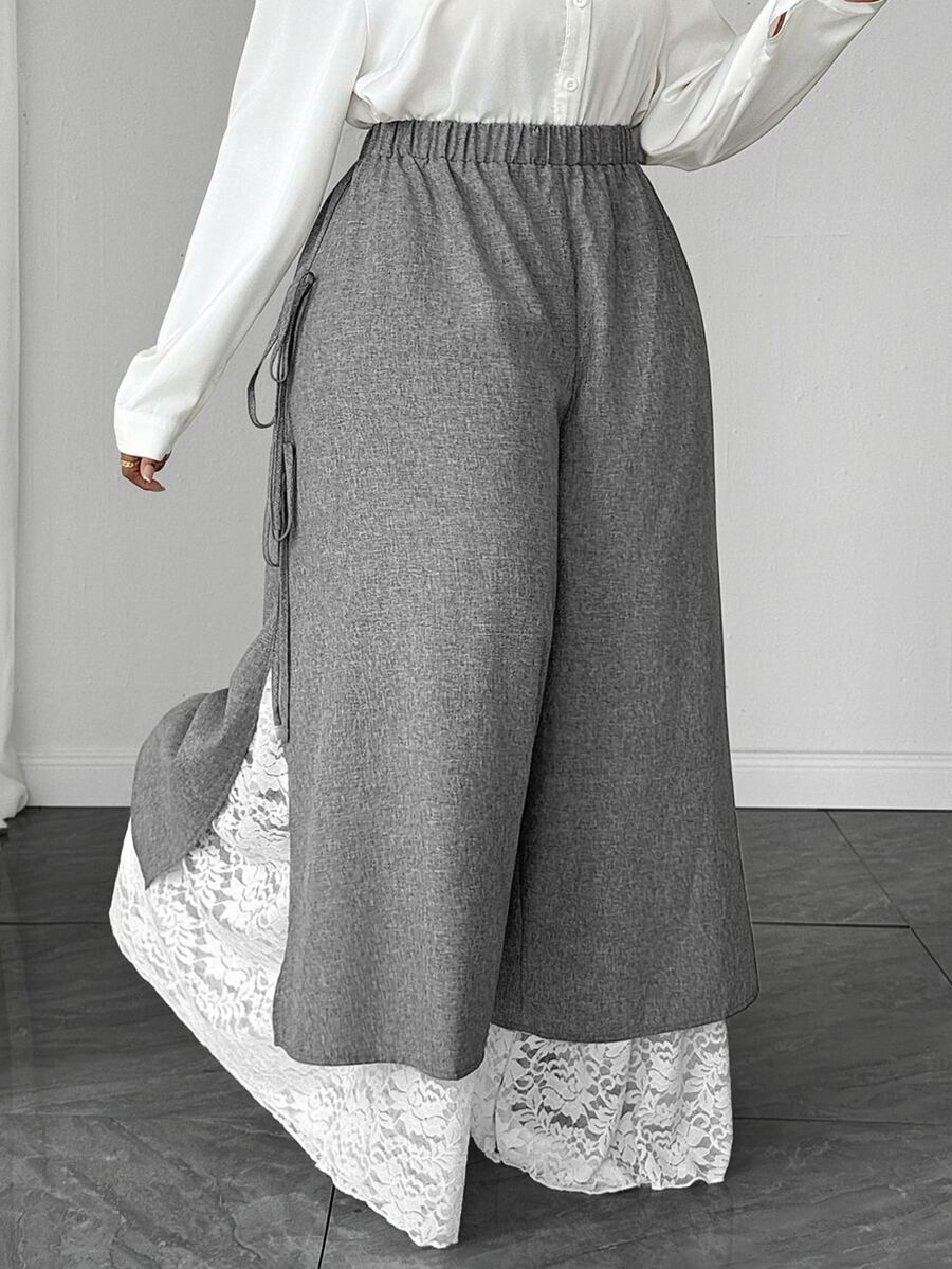 Plus Size 2 In 1 Lace Patchwork Side Bowknot Long Pants - Dark Grey - View 1