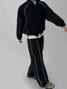 DAZY Spring/Autumn Black & White Drawstring Design Regular Fit Zipper Hem & Cuffs Elastic Waist Pants Men's Jacket Set - Black - View 6