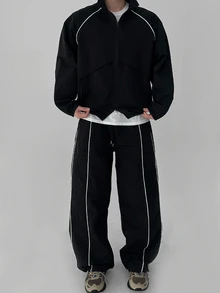 DAZY Spring/Autumn Black & White Drawstring Design Regular Fit Zipper Hem & Cuffs Elastic Waist Pants Men's Jacket Set - Black - View 5