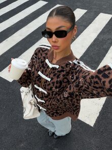 Muchica Women's Leopard Jacquard Knit Cardigan With White Frog Button Closures Oversized Long Sleeve Open Front Sweater Casual Y2K Streetwear For Going Out - Multicolor - View 7