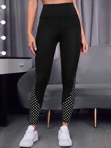 SHEIN Sports 圓點印花拼接高腰運動緊身褲 - 彩色 - 查看 4
