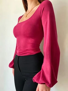 Cévolie 女款大尺碼方領燈籠袖長袖性感修身上衣 T-shirt - 玫紅色 - 查看 3