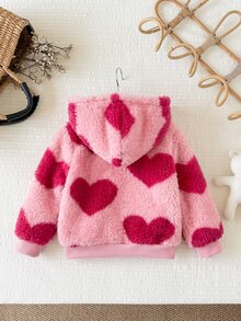 SHEIN 女嬰休閒純色可愛愛心圖案毛絨連帽冬季外套 - 淺粉色 - 查看 2