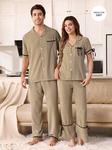 CoupledUp Men's Minimalist Vintage Striped Collared Shirt 2 Pieces Pajama Set, Contrast Trim Casual Comfortable Loungewear - Multicolor - View 6
