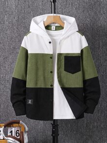 SHEIN Tween Boy Casual Colorblock Patchwork Hooded Shirt With Pockets, Suitable For Autumn, Spring, Winter, Ideal For Outdoor Play, School, Streetwear, Parties And Home Leisure, High Cost-Performance - Army Green - View 1