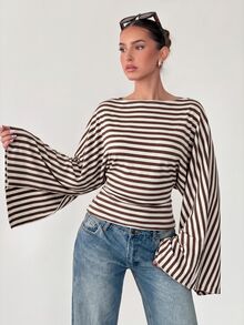 Siren Gaze Women's Boat Neck Batwing Long Sleeve Striped T-Shirt, Autumn New Style - Brown - View 5