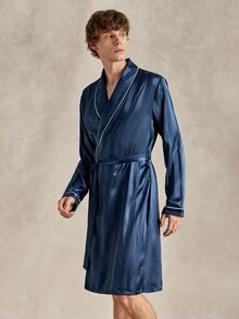 EverLounge Men's Comfortable Minimalist Satin Robe With Contrast Trim - Navy Blue - View 4