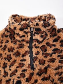 SHEIN 青少年女孩秋季服飾 美式復古豹紋半拉鍊抓絨衛衣 寬鬆慵懶立領套頭上衣 - 棕色 - 查看 3