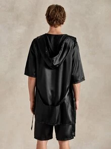 EverLounge Men's Solid Color Short Sleeve Hooded Robe - Black - View 3