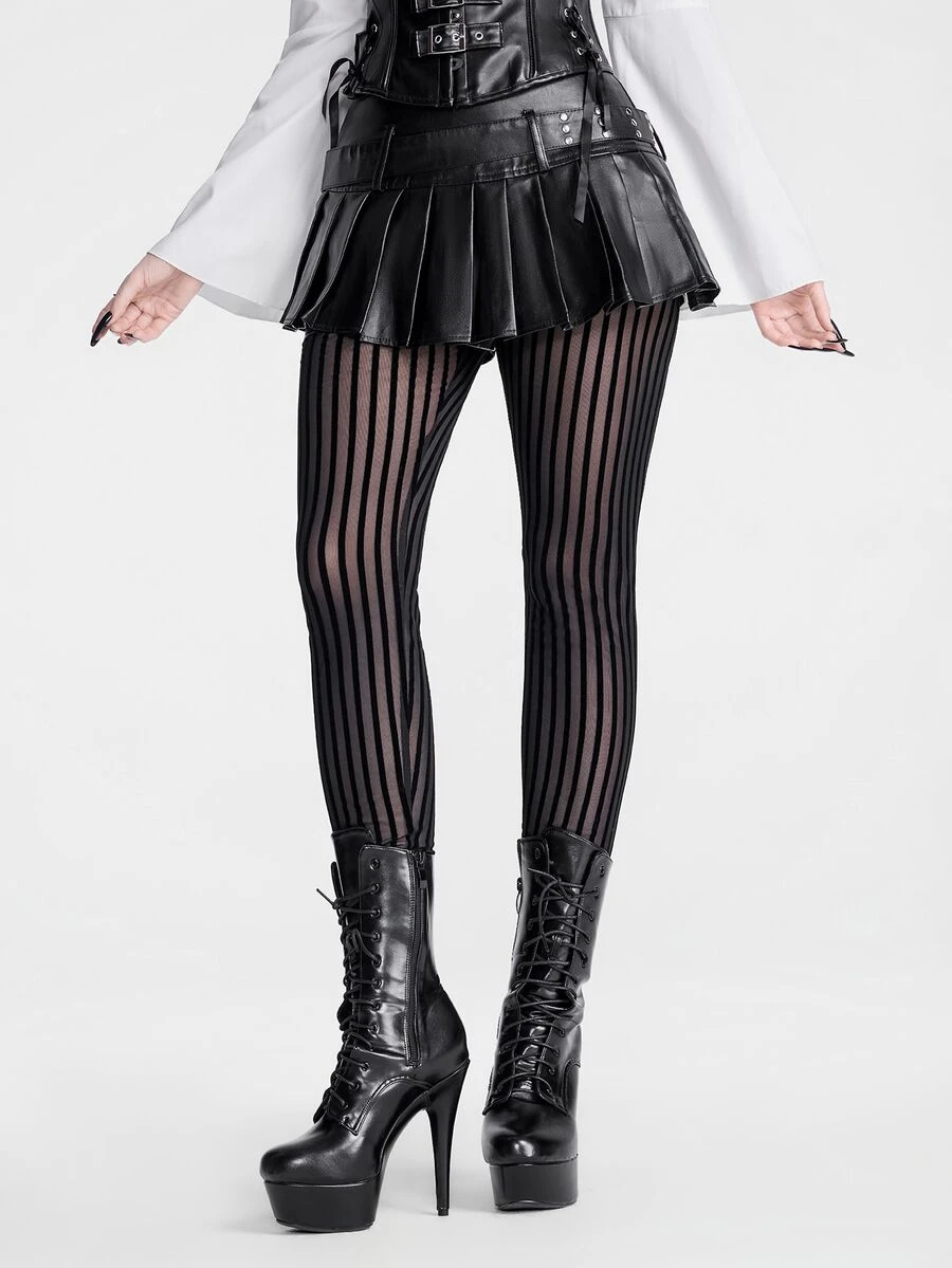 Breakform Gothic Halloween Women's Vertical Striped Sheer Mesh Textured Slim Fit Bodycon Dark Style Elastic Leggings - Black - View 1